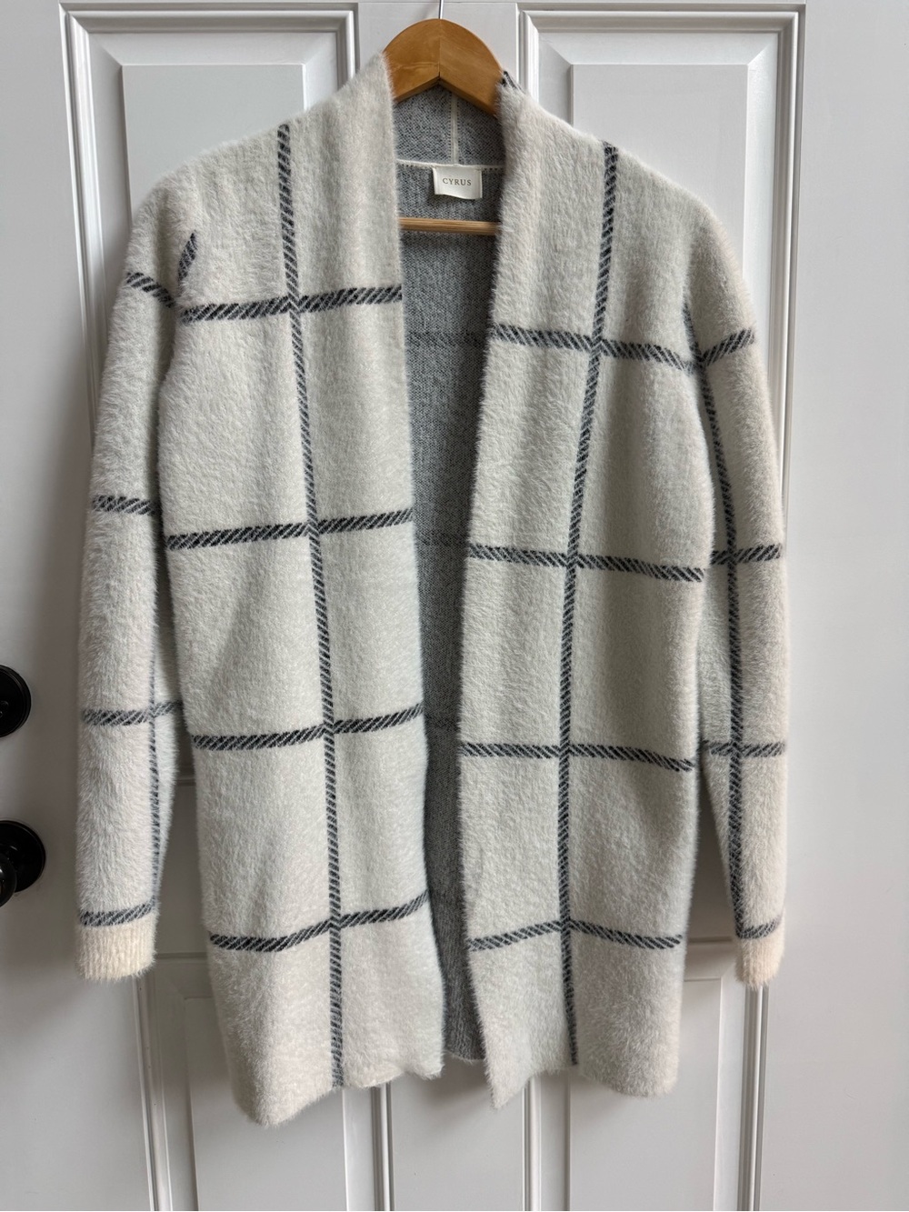 Cyrus Windowpane Plaid Fuzzy Eyelash Knit Open Front Cardigan heavyweight soft